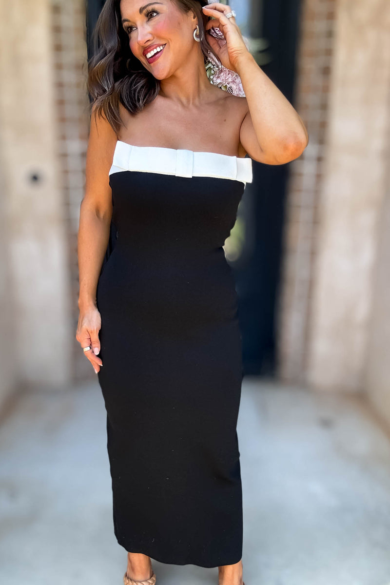 Mable Strapless Knit Contrast Trim Midi Dress With Bow