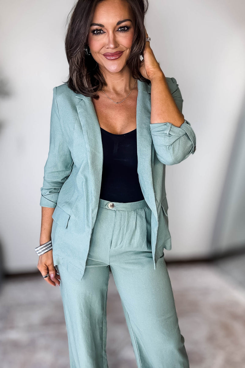 Open- Front Mint Green Linen Blazer
