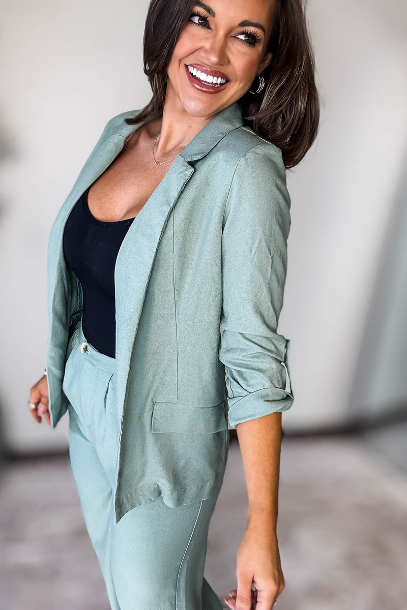 Open- Front Mint Green Linen Blazer