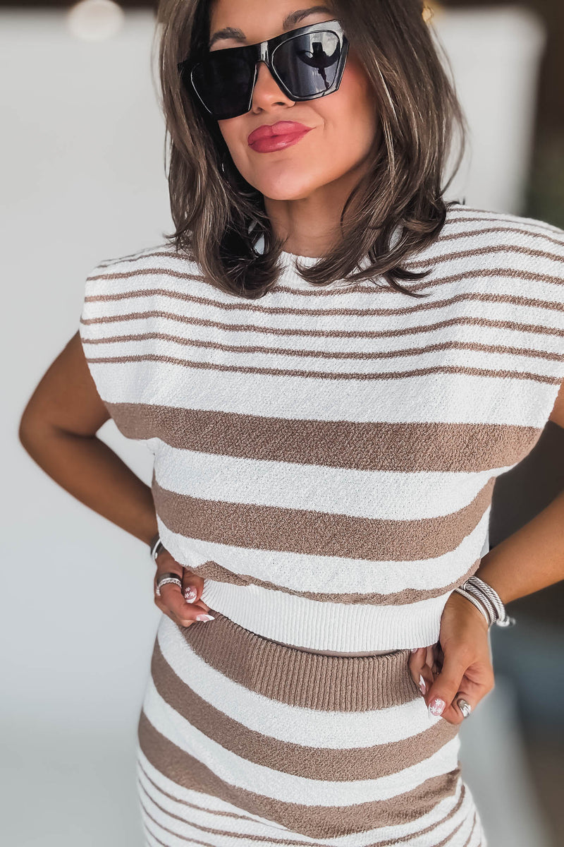 Mocha Striped Knit Crop Top And Mini Skirt Set