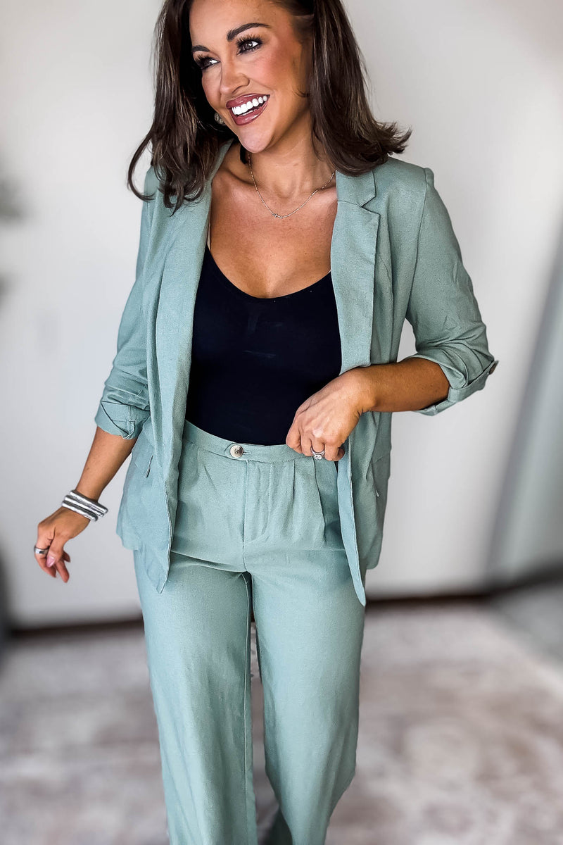 Open- Front Mint Green Linen Blazer