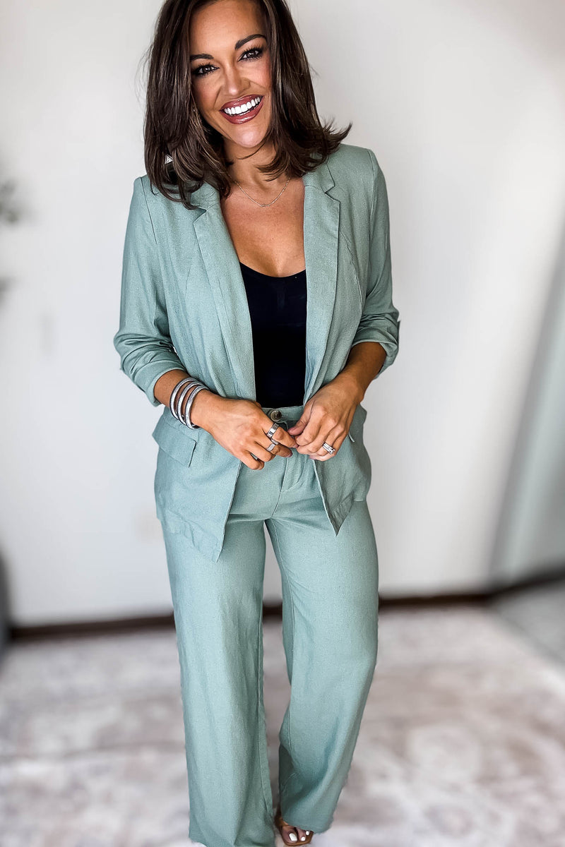 Open- Front Mint Green Linen Blazer