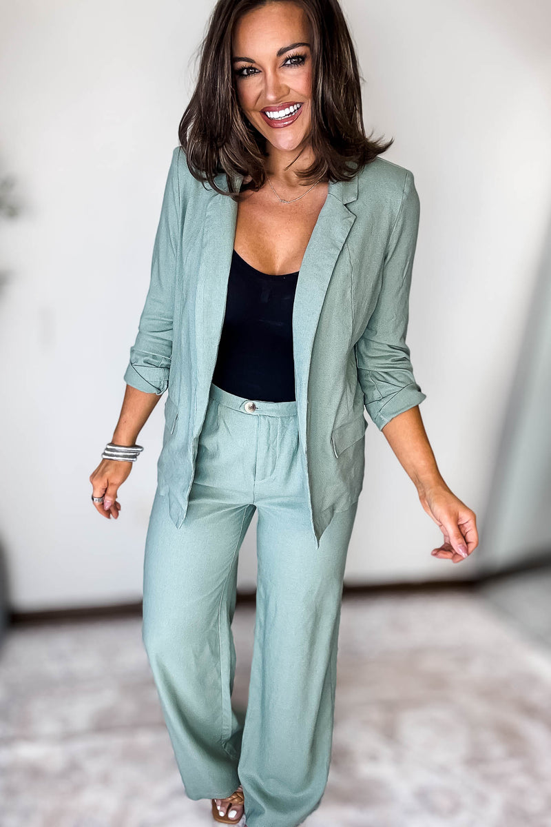 Open- Front Mint Green Linen Blazer