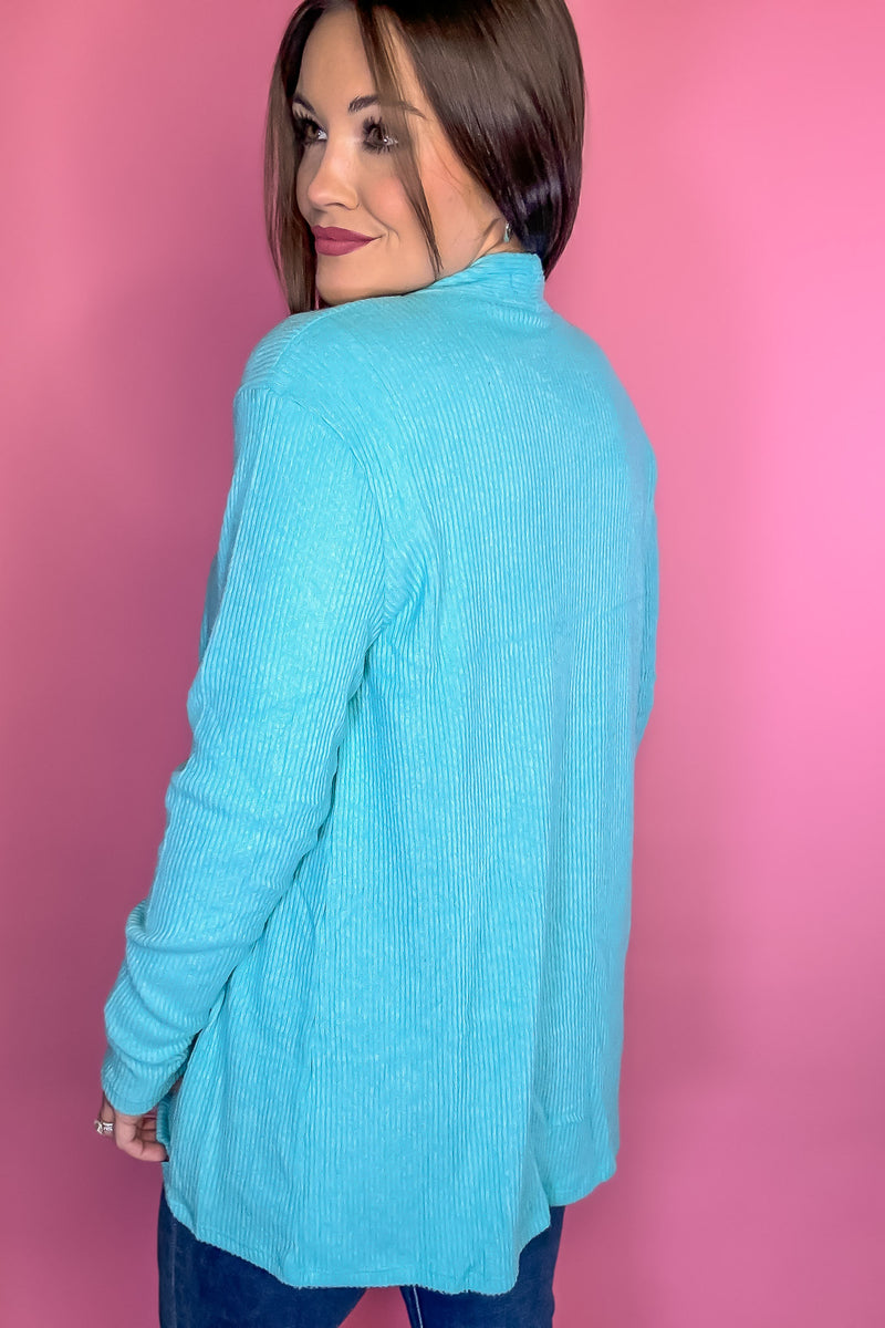 Calm And Cozy Turquoise Ribbed Sweater Open Front Cardigan