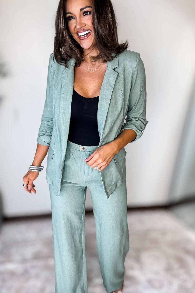 Open- Front Mint Green Linen Blazer