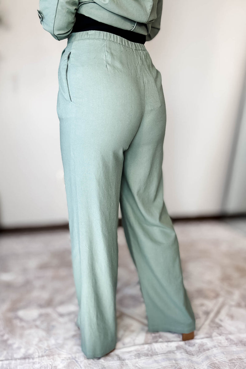 Wide-Leg Mint Green Linen Pants With Pleat Detail