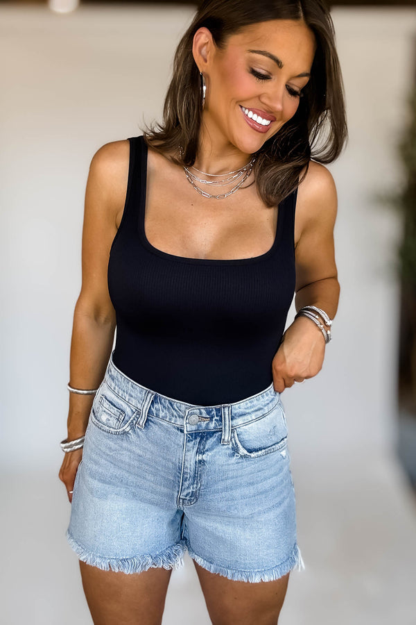 Seamless Black Ribbed Square Neck Tank Bodysuit