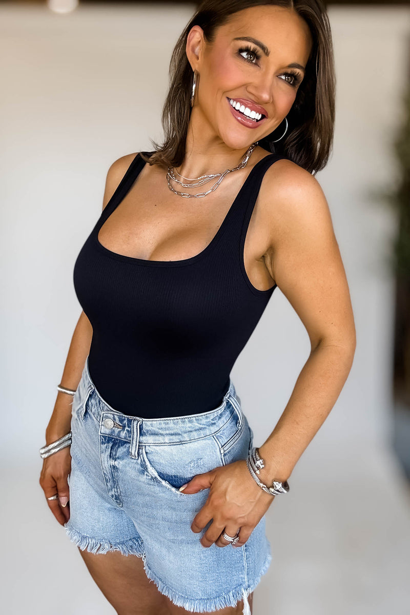 Seamless Black Ribbed Square Neck Tank Bodysuit