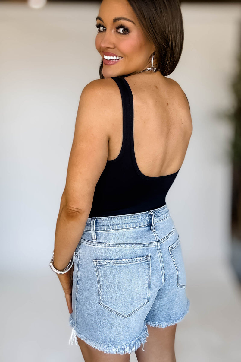 Seamless Black Ribbed Square Neck Tank Bodysuit