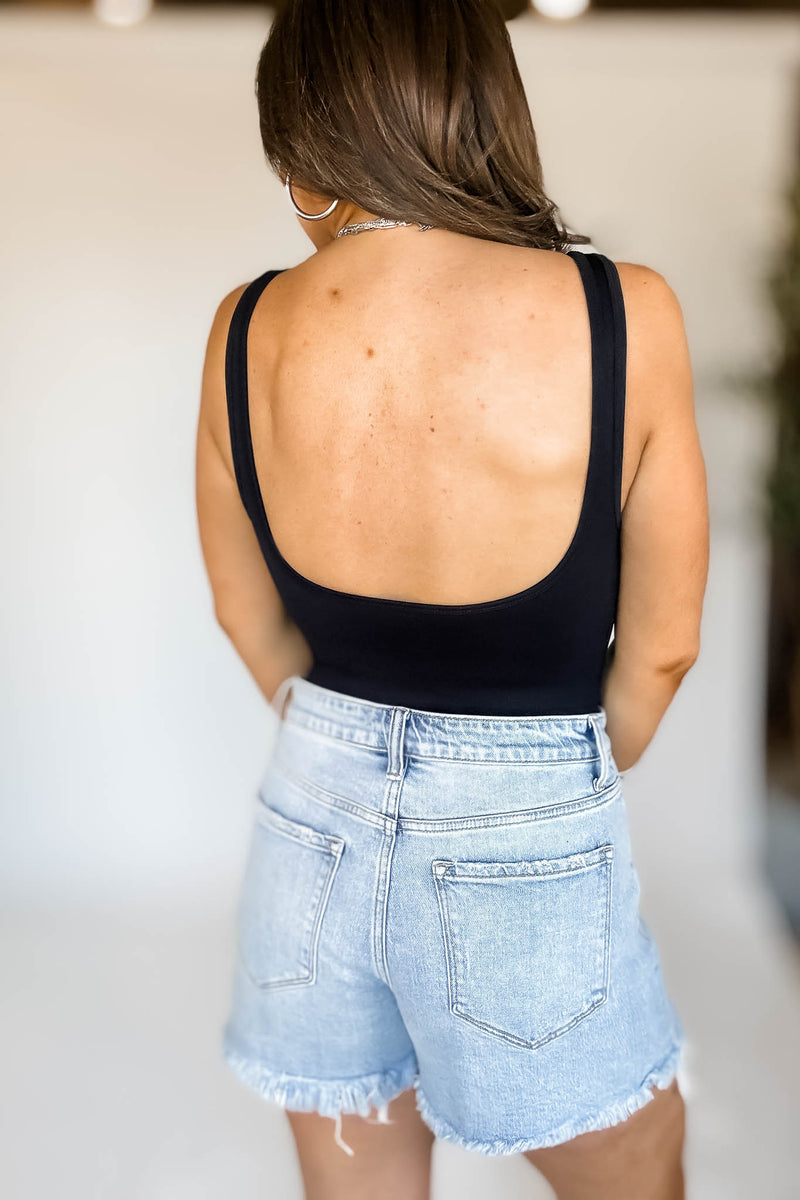 Seamless Black Ribbed Square Neck Tank Bodysuit