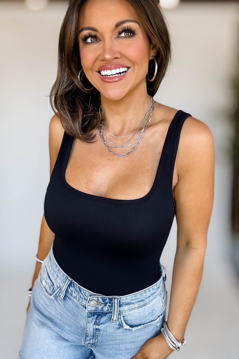 Seamless Black Ribbed Square Neck Tank Bodysuit