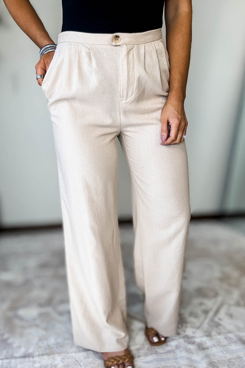 Wide-Leg Khaki Linen Pants With Pleat Detail