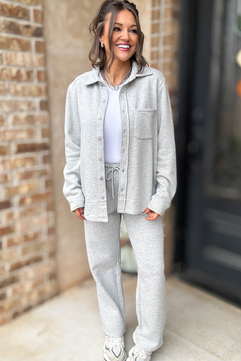 Button Up Heather Grey Fleece Shirt Jacket