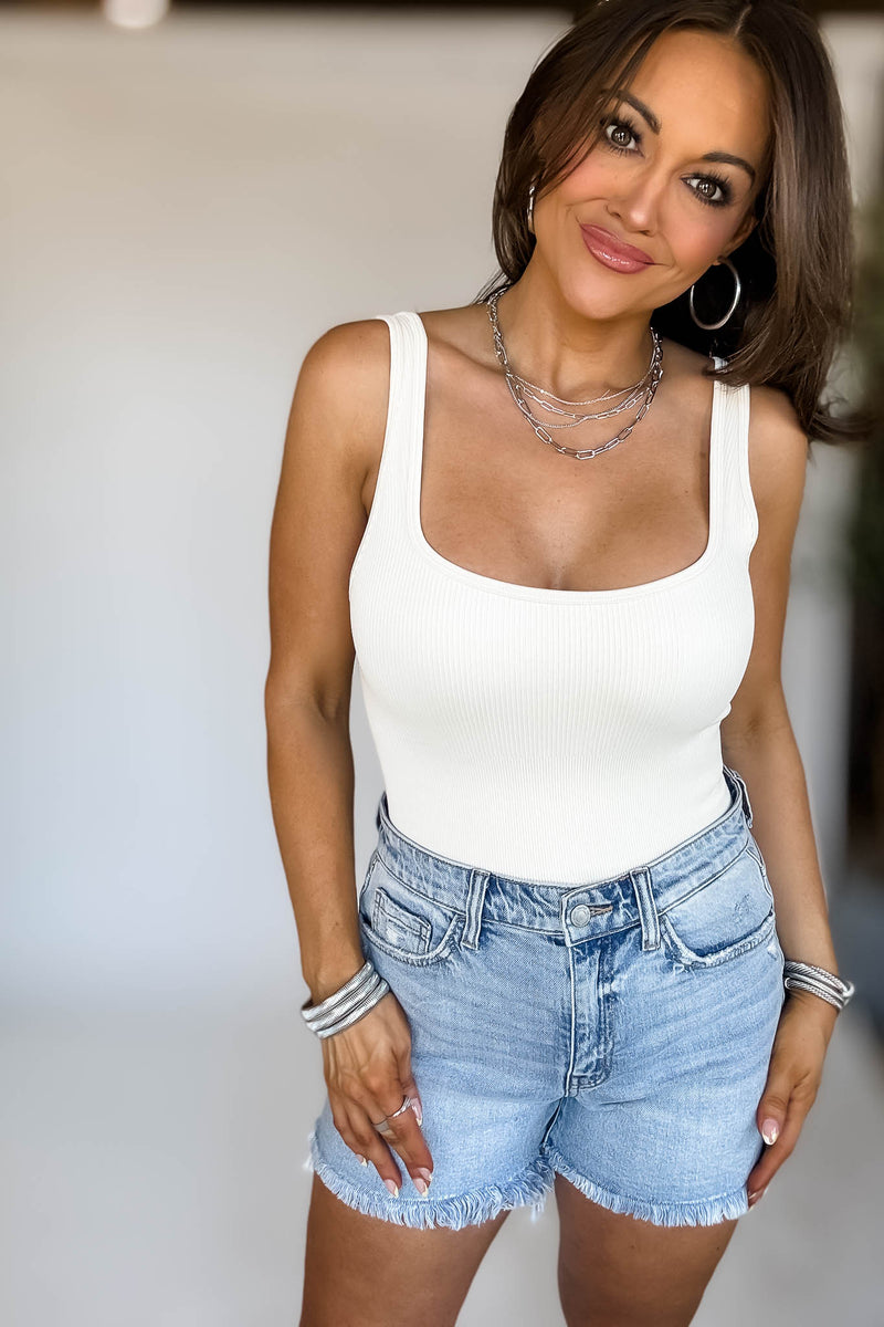 Seamless Milky White Ribbed Square Neck Tank Bodysuit