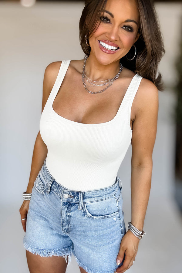Seamless Milky White Ribbed Square Neck Tank Bodysuit