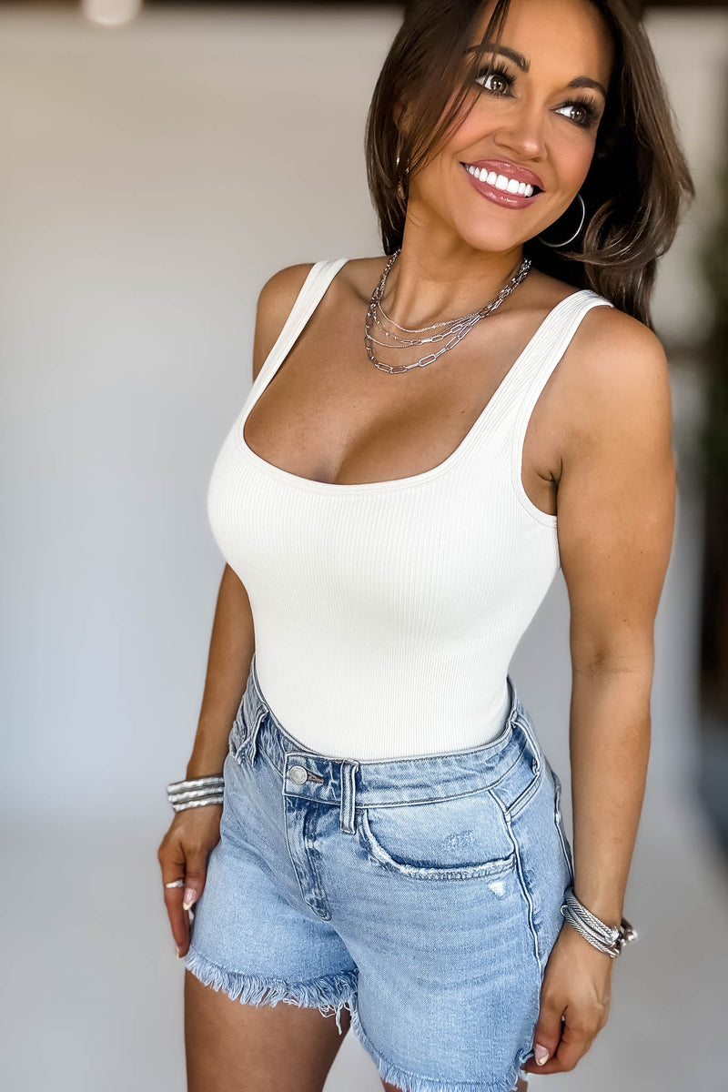 Seamless Milky White Ribbed Square Neck Tank Bodysuit