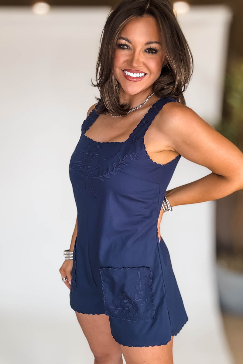 Navy Embroidered Sleeveless Square Neck Romper