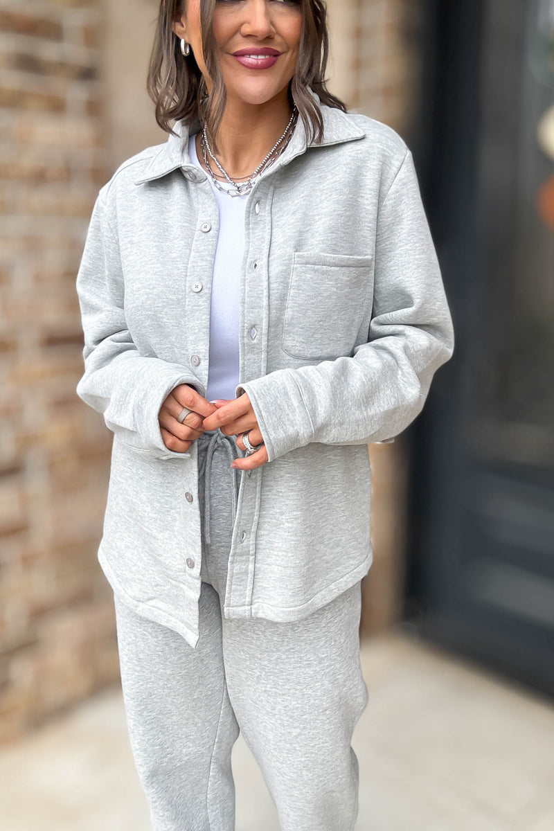 Button Up Heather Grey Fleece Shirt Jacket