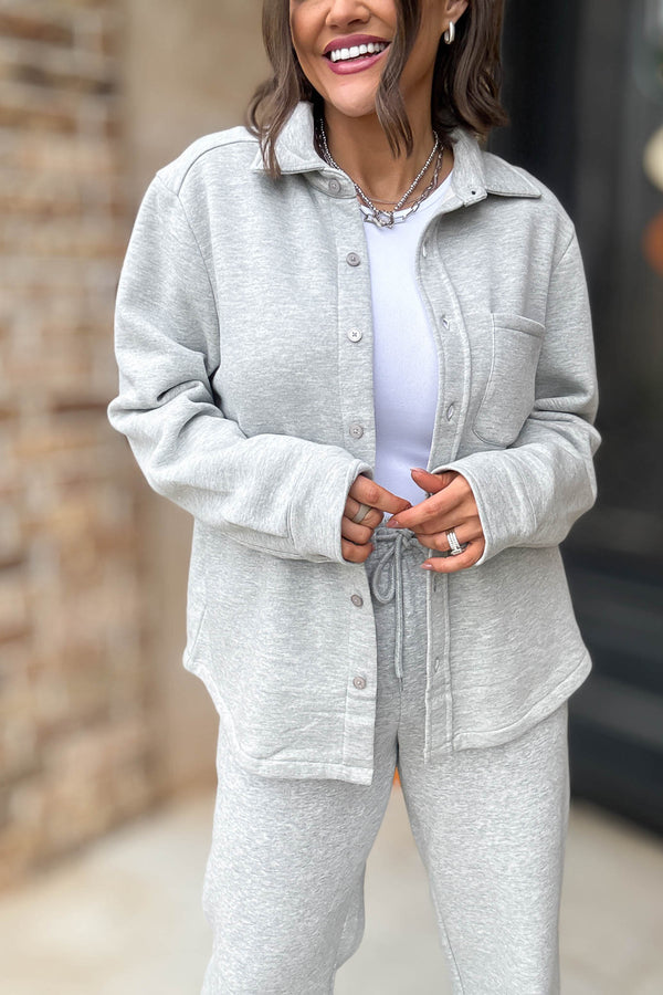 Button Up Heather Grey Fleece Shirt Jacket