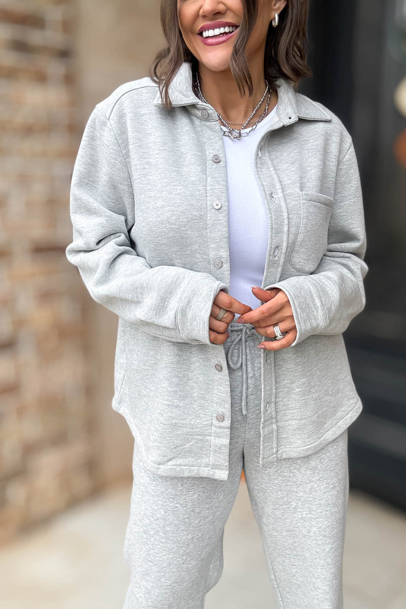 Button Up Heather Grey Fleece Shirt Jacket