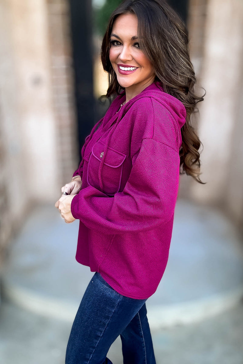 Oversized Magenta Hoodie Knit Top W/ Patch Pockets
