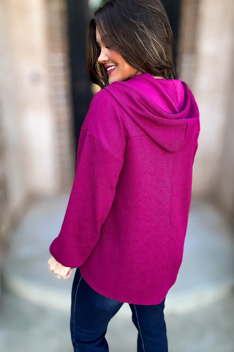 Oversized Magenta Hoodie Knit Top W/ Patch Pockets