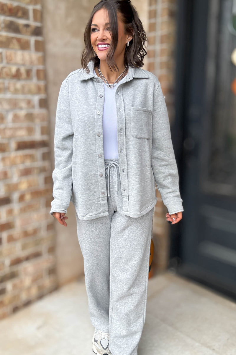 Button Up Heather Grey Fleece Shirt Jacket