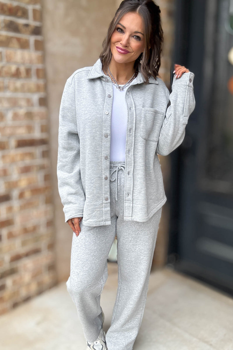 Button Up Heather Grey Fleece Shirt Jacket