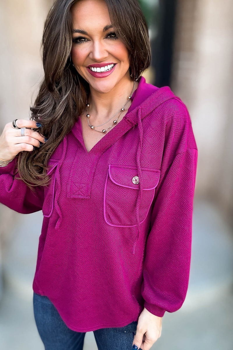 Oversized Magenta Hoodie Knit Top W/ Patch Pockets