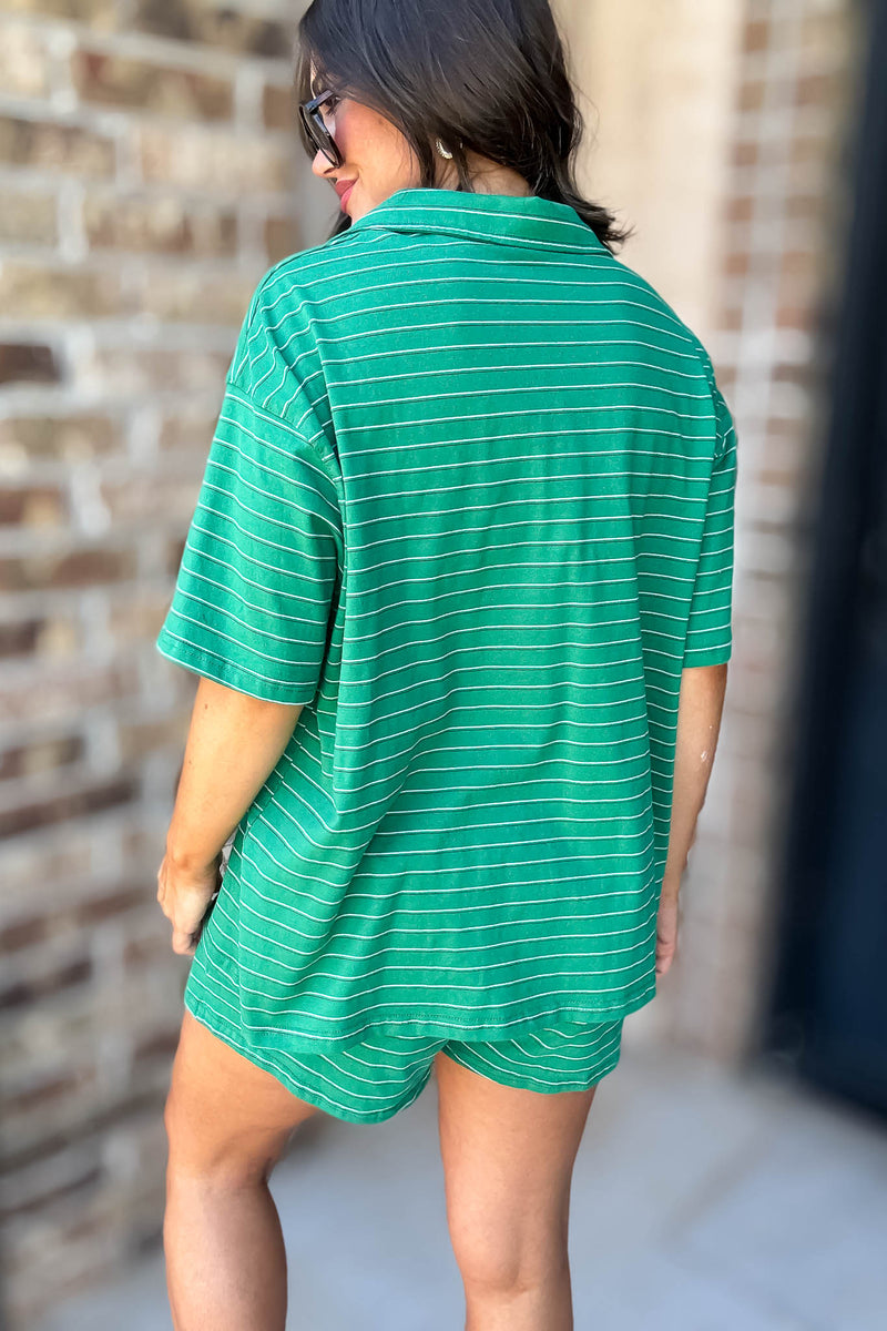 Le Lis Green Collared Striped Oversized Tee