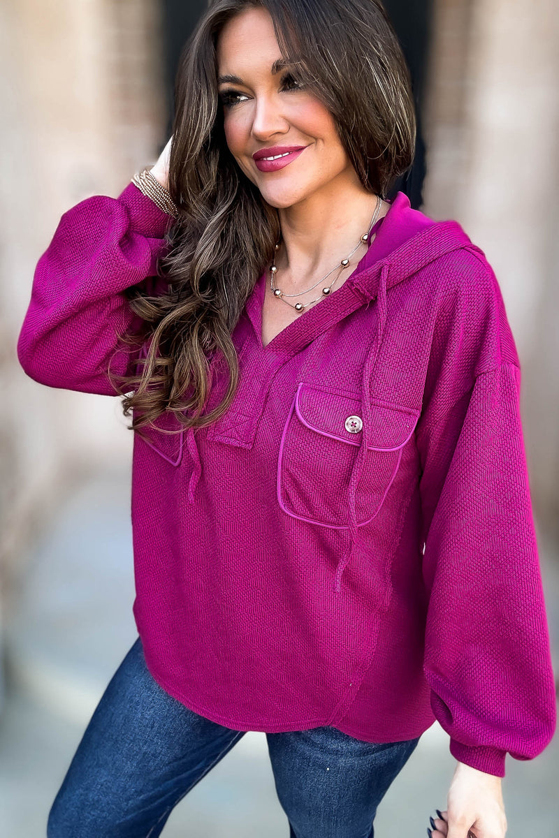 Oversized Magenta Hoodie Knit Top W/ Patch Pockets
