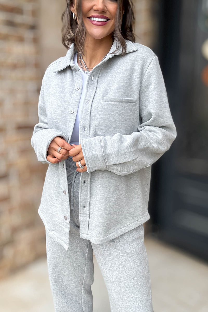 Button Up Heather Grey Fleece Shirt Jacket