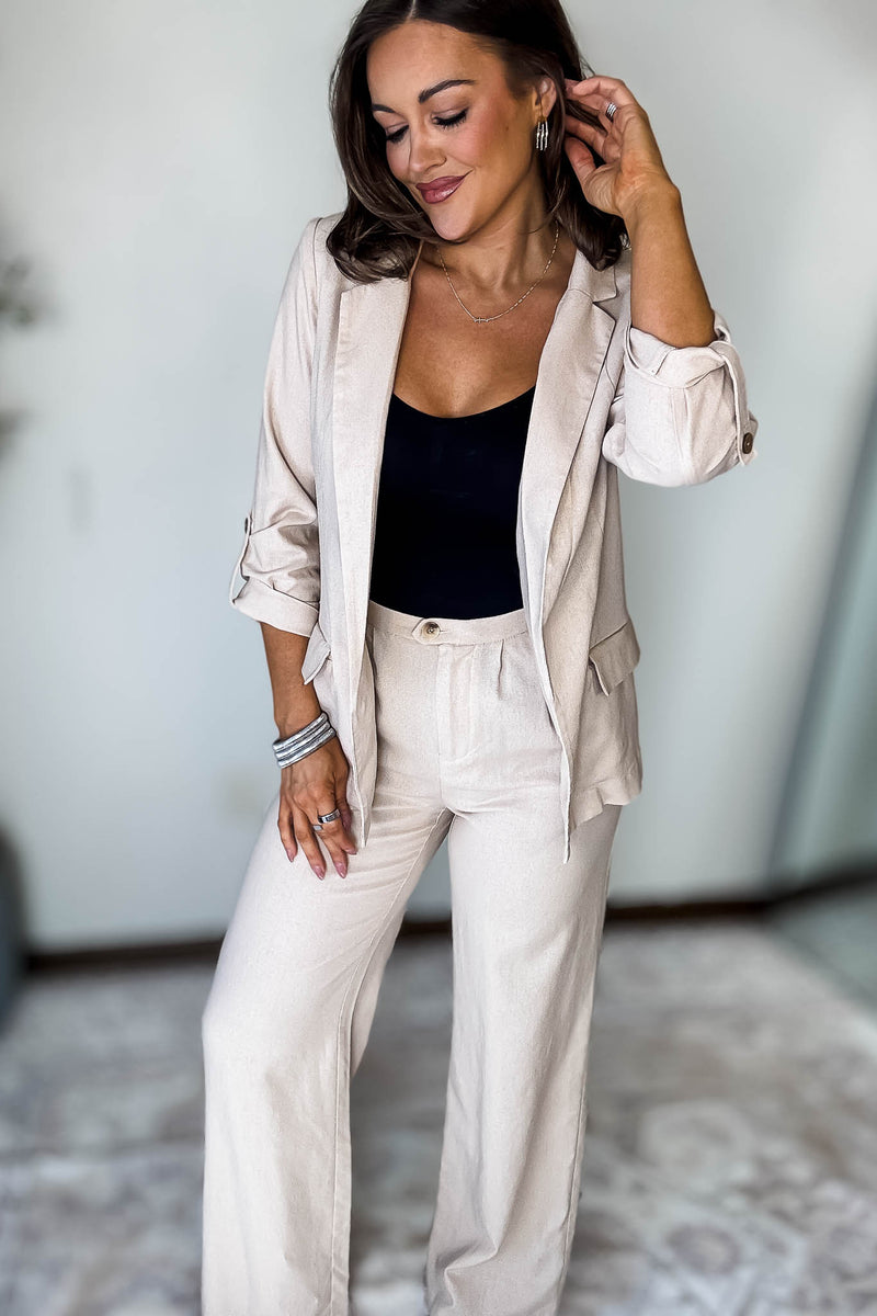 Wide-Leg Khaki Linen Pants With Pleat Detail