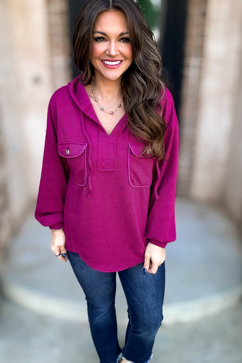 Oversized Magenta Hoodie Knit Top W/ Patch Pockets