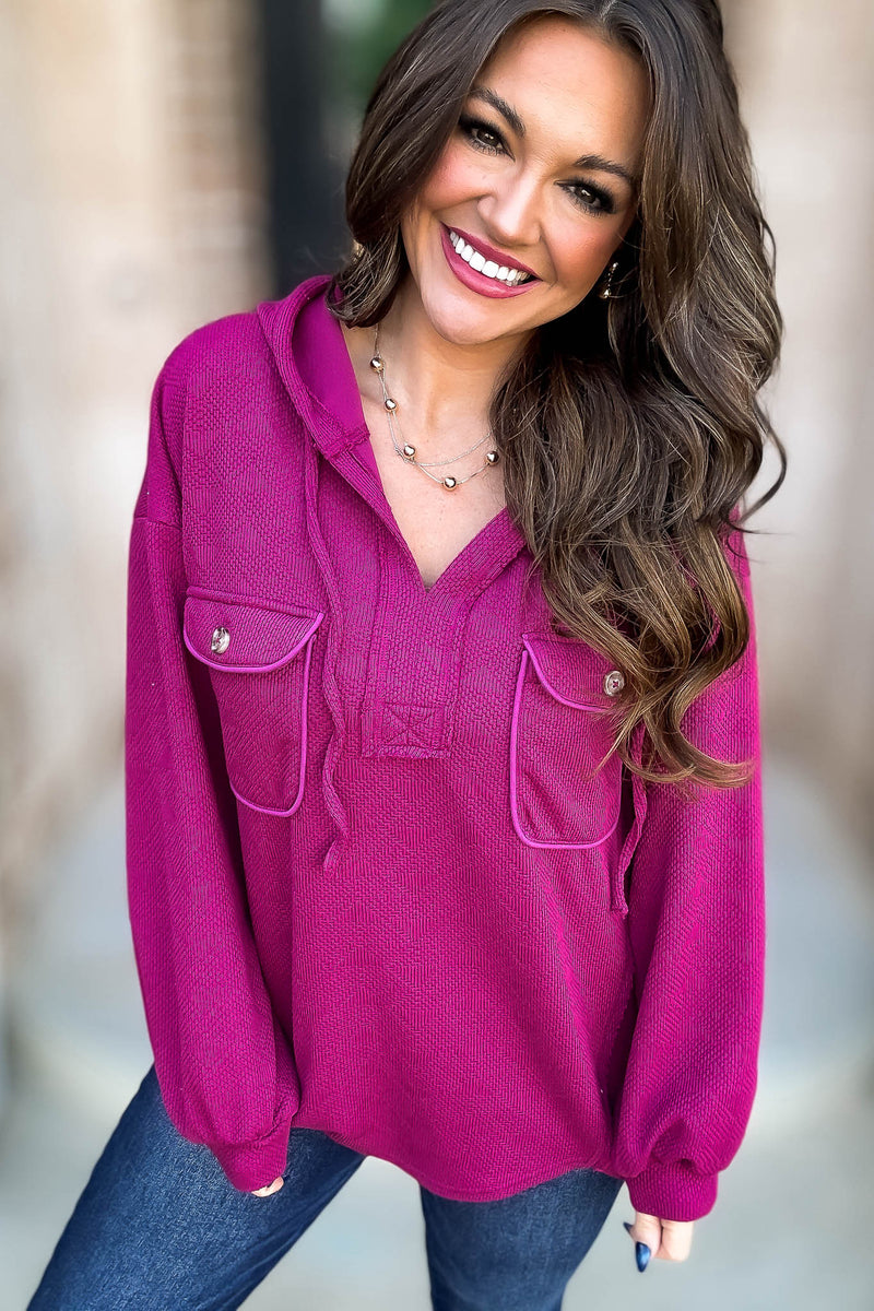 Oversized Magenta Hoodie Knit Top W/ Patch Pockets