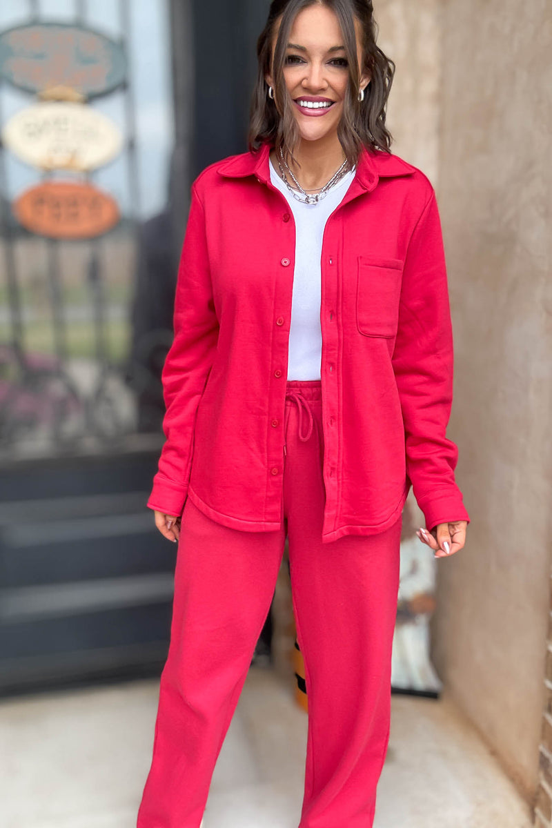 Button Up Red Fleece Shirt Jacket