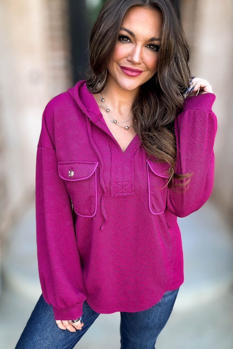 Oversized Magenta Hoodie Knit Top W/ Patch Pockets