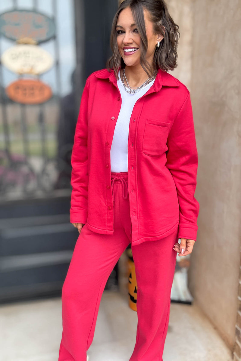 Button Up Red Fleece Shirt Jacket
