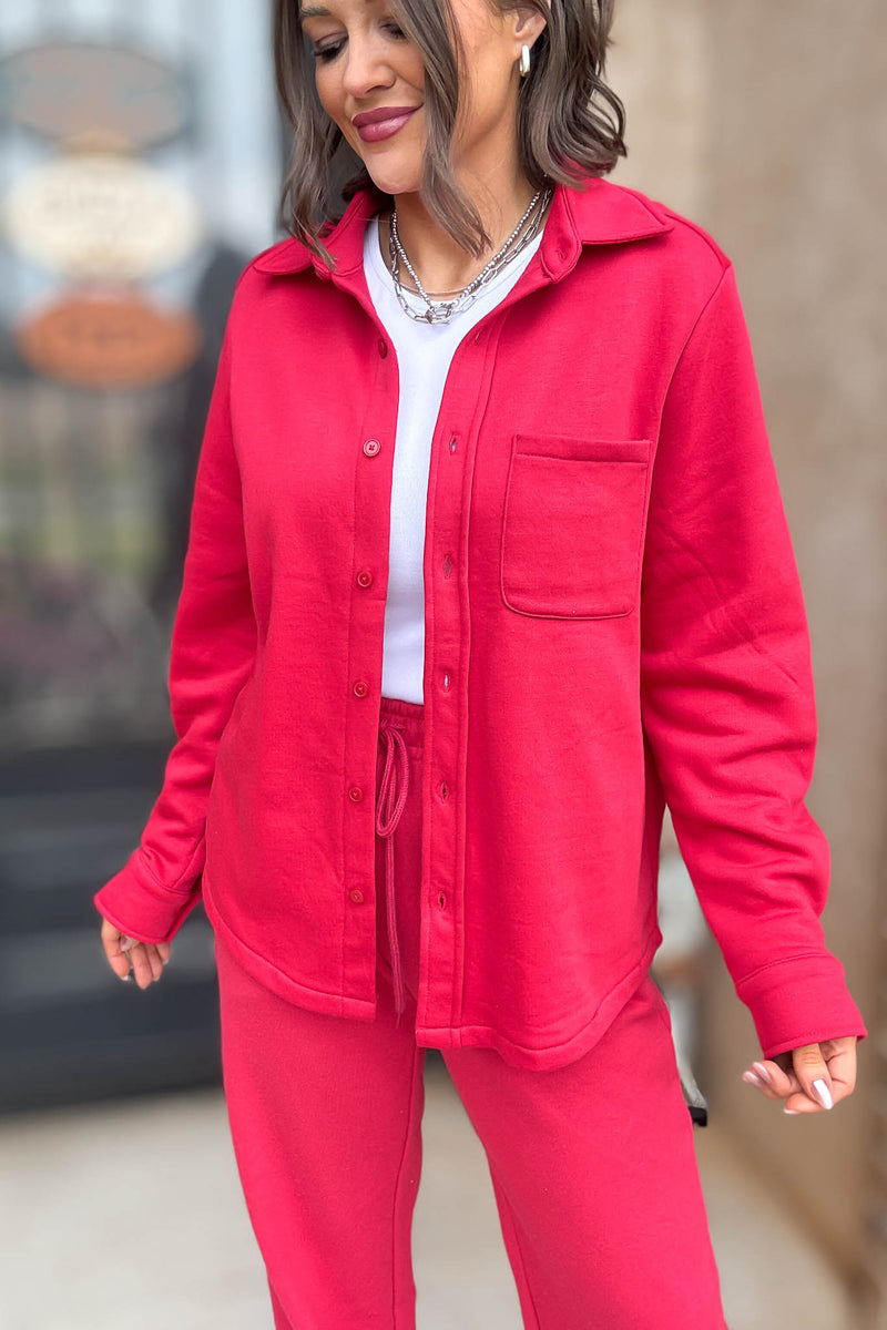 Button Up Red Fleece Shirt Jacket