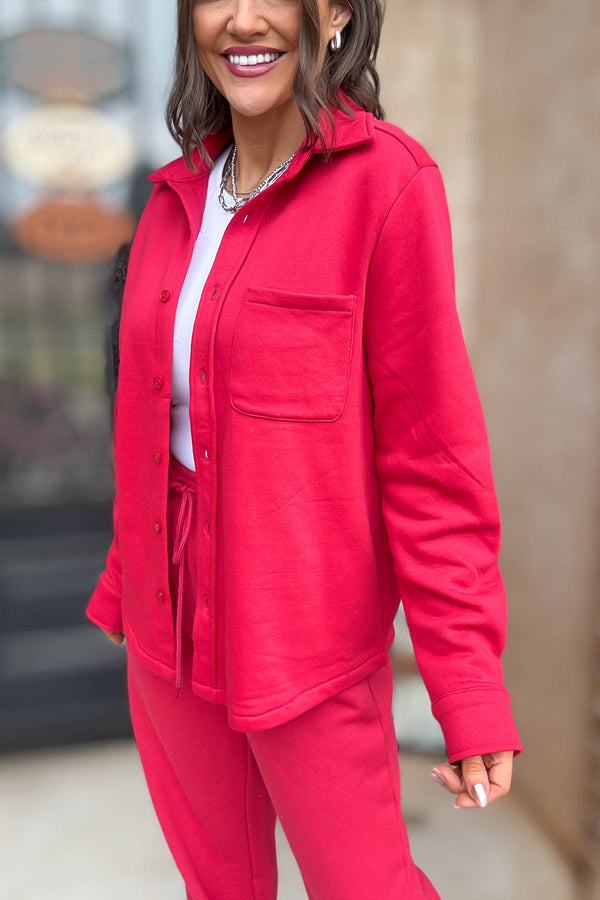 Button Up Red Fleece Shirt Jacket