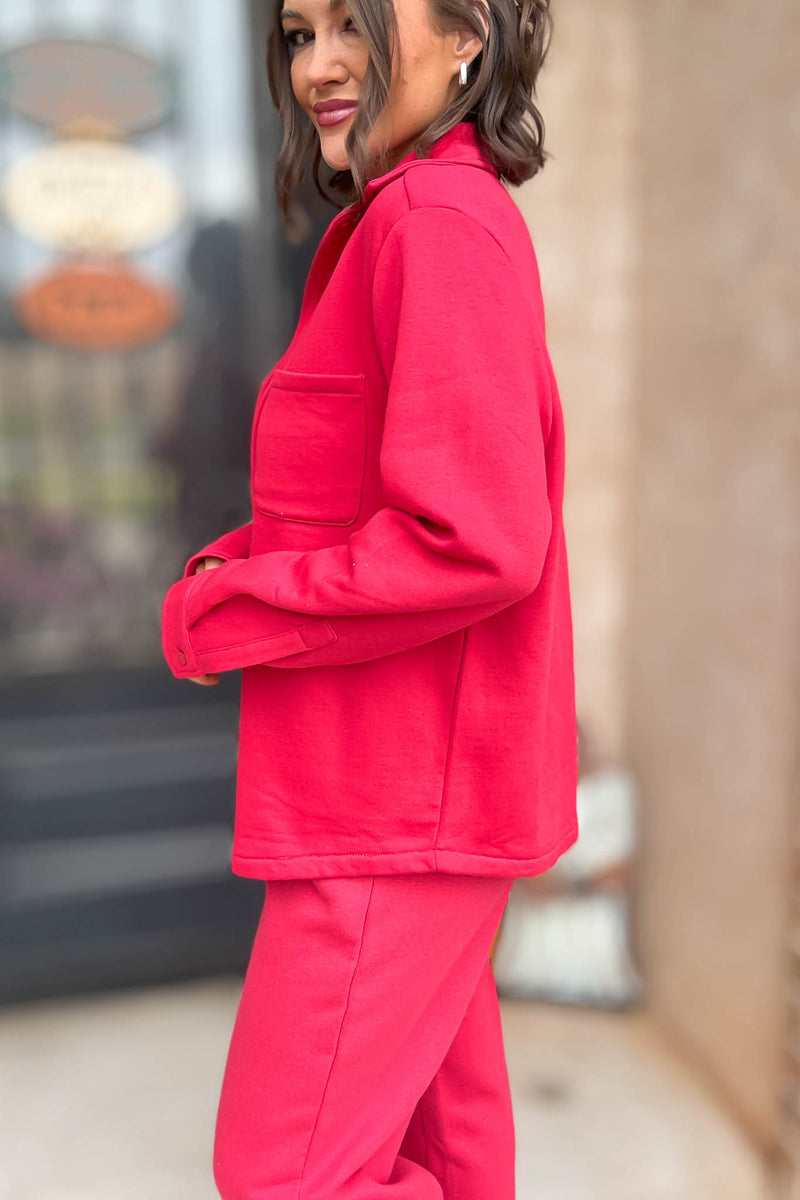 Button Up Red Fleece Shirt Jacket