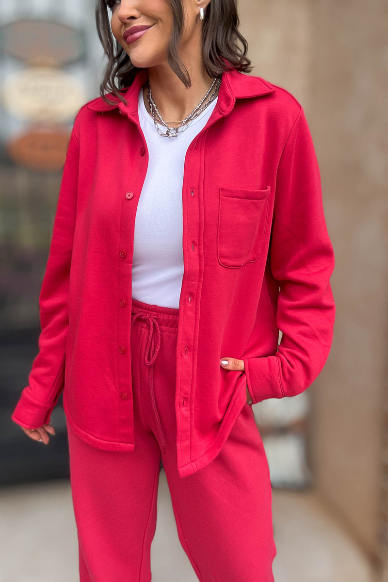 Button Up Red Fleece Shirt Jacket