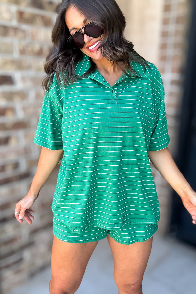 Le Lis Green Collared Striped Oversized Tee