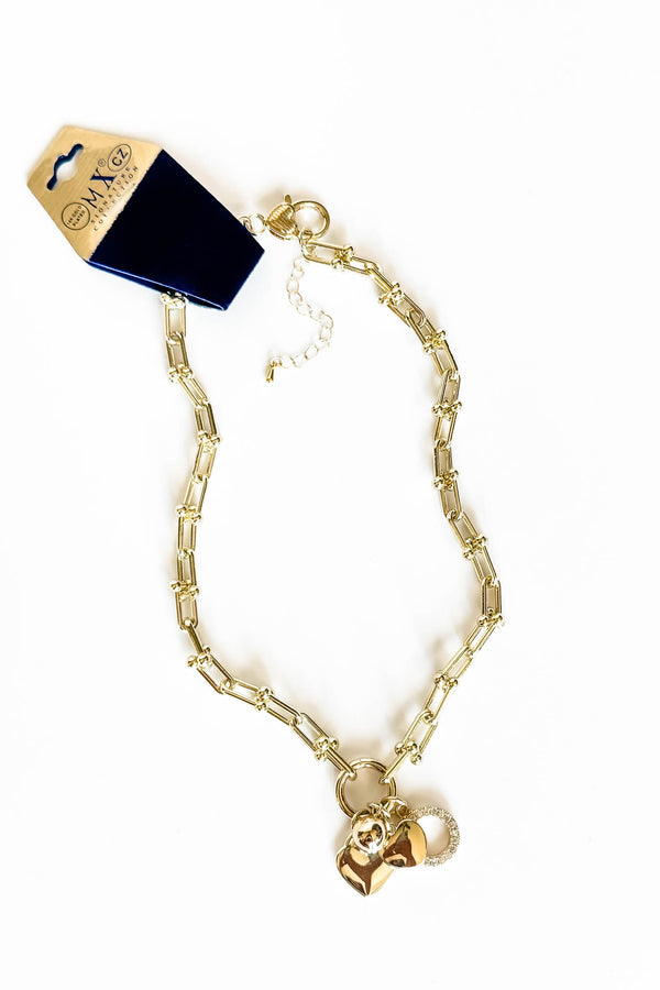 14k Gold Cz Paved Circle Ball Heart Chain Necklace