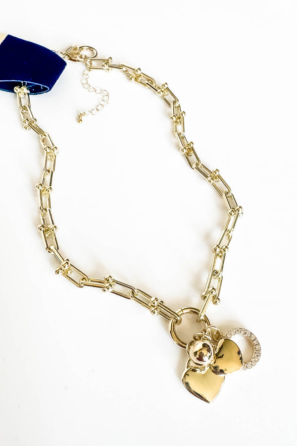 14k Gold Cz Paved Circle Ball Heart Chain Necklace