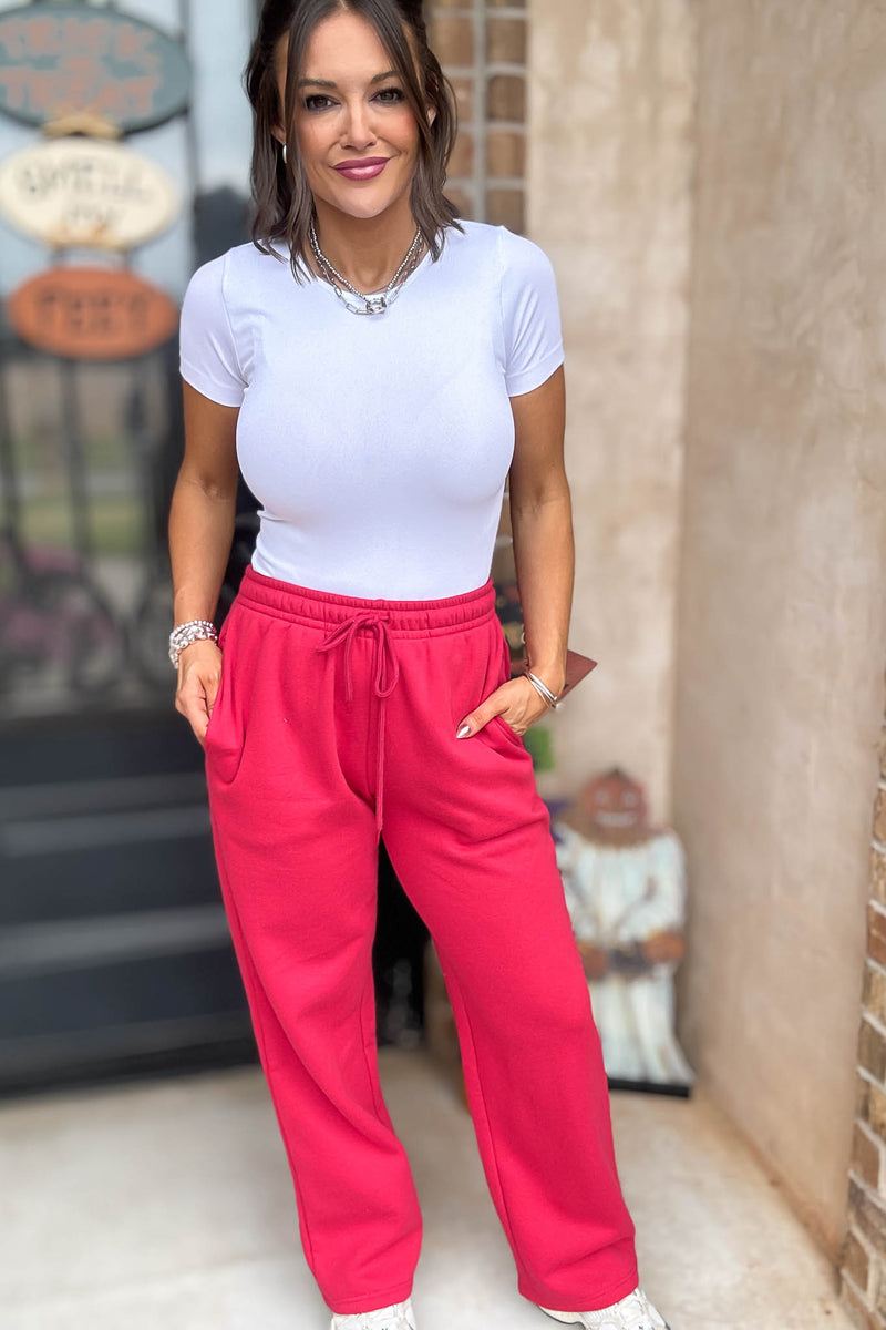 Red Straight Leg Fleece Sweatpants