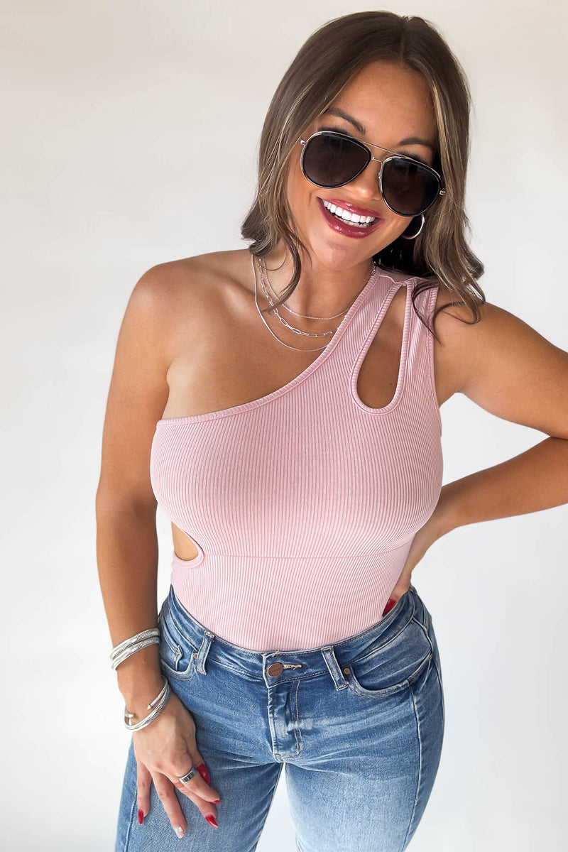Mable Pink One Shoulder Ribbed Cut Out Detail Body Suit