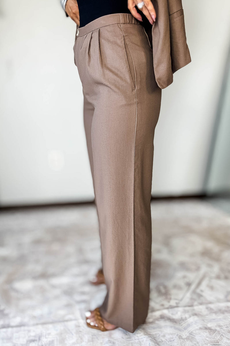Wide-Leg Mocha Linen Pants With Pleat Detail