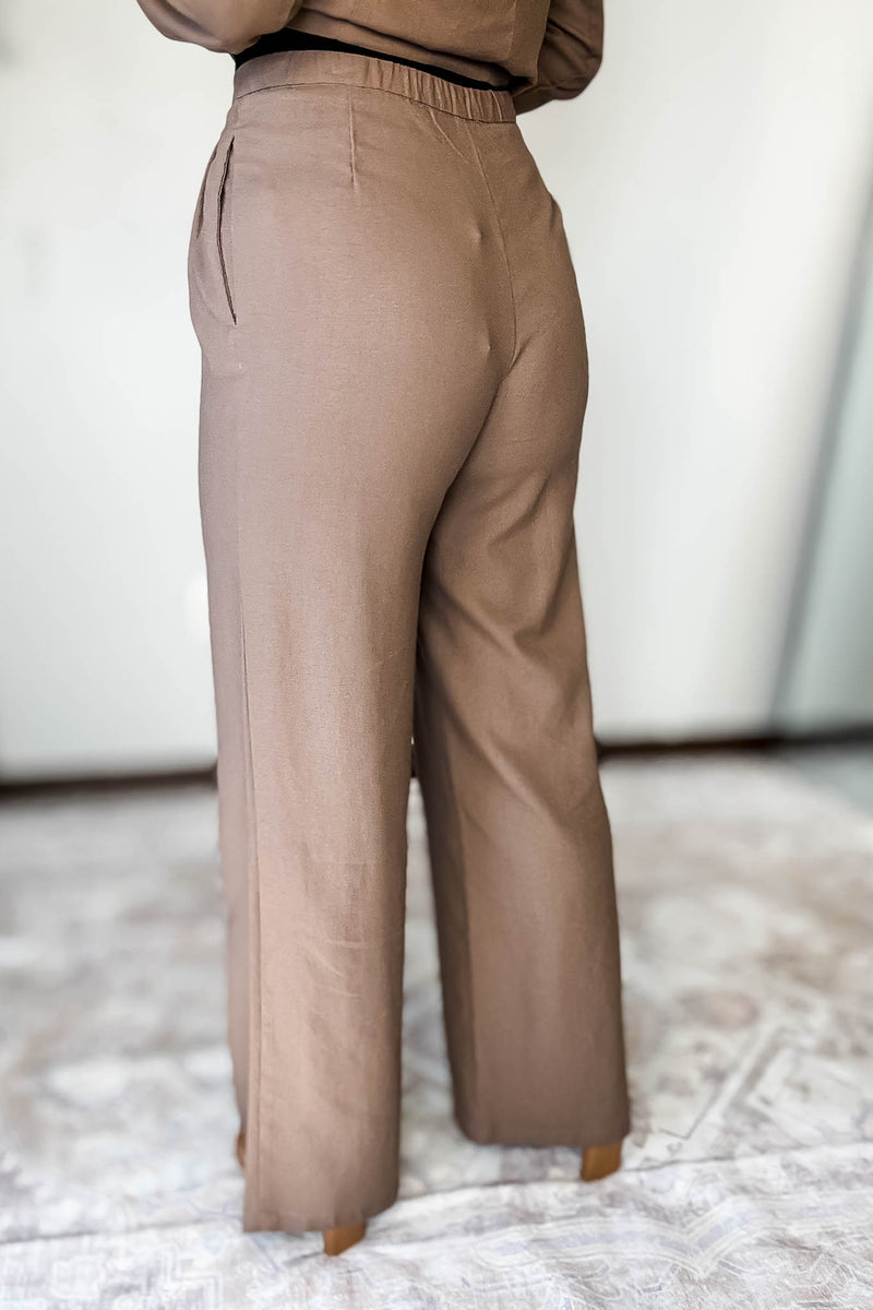 Wide-Leg Mocha Linen Pants With Pleat Detail