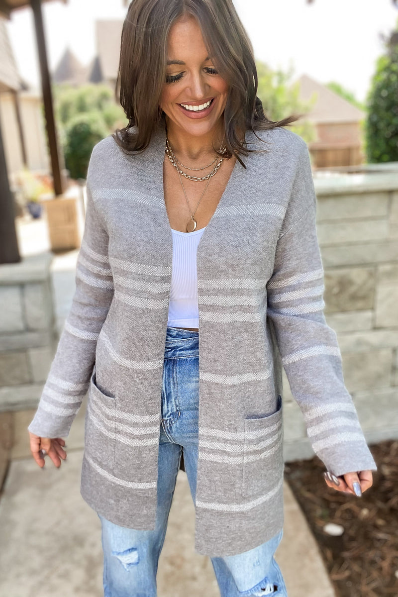 Perhaps Someday Grey Stripe Sweater Cardigan